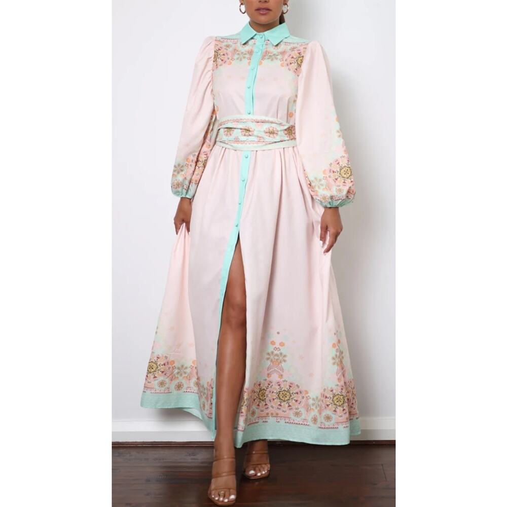 White Sandstorm Bohemian Printed Maxi Dress Puff Sleeves Collared Button Front